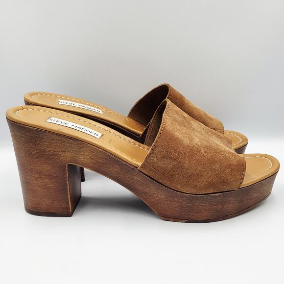 Steve Madden Fran Brown Leather Suede Wooden Platform Sandals Women's Size 10 - Picture 2 of 10